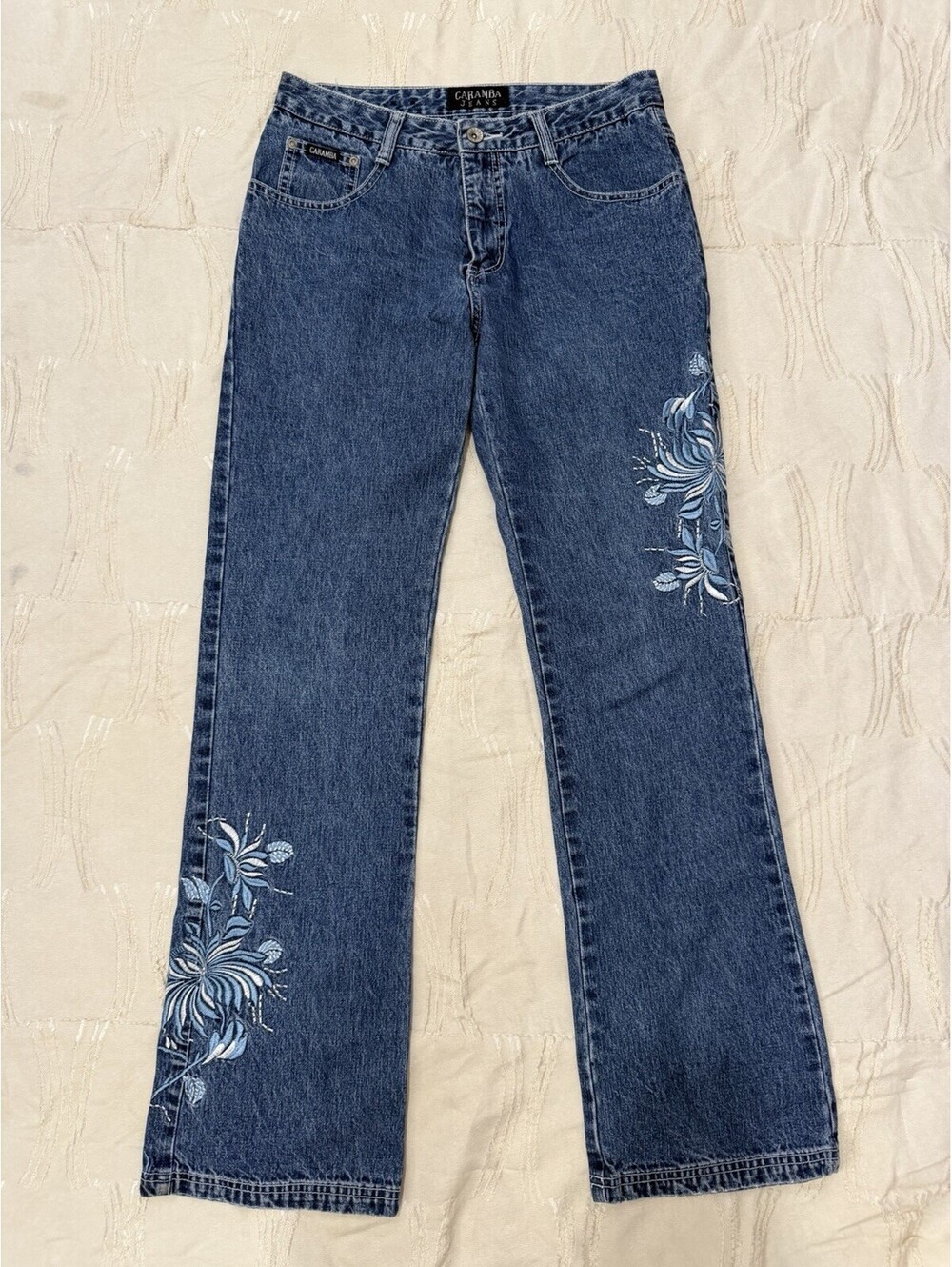 Vintage Caramba Jeans Embroidered Floral Blue Denim Pants Women’s 9/10